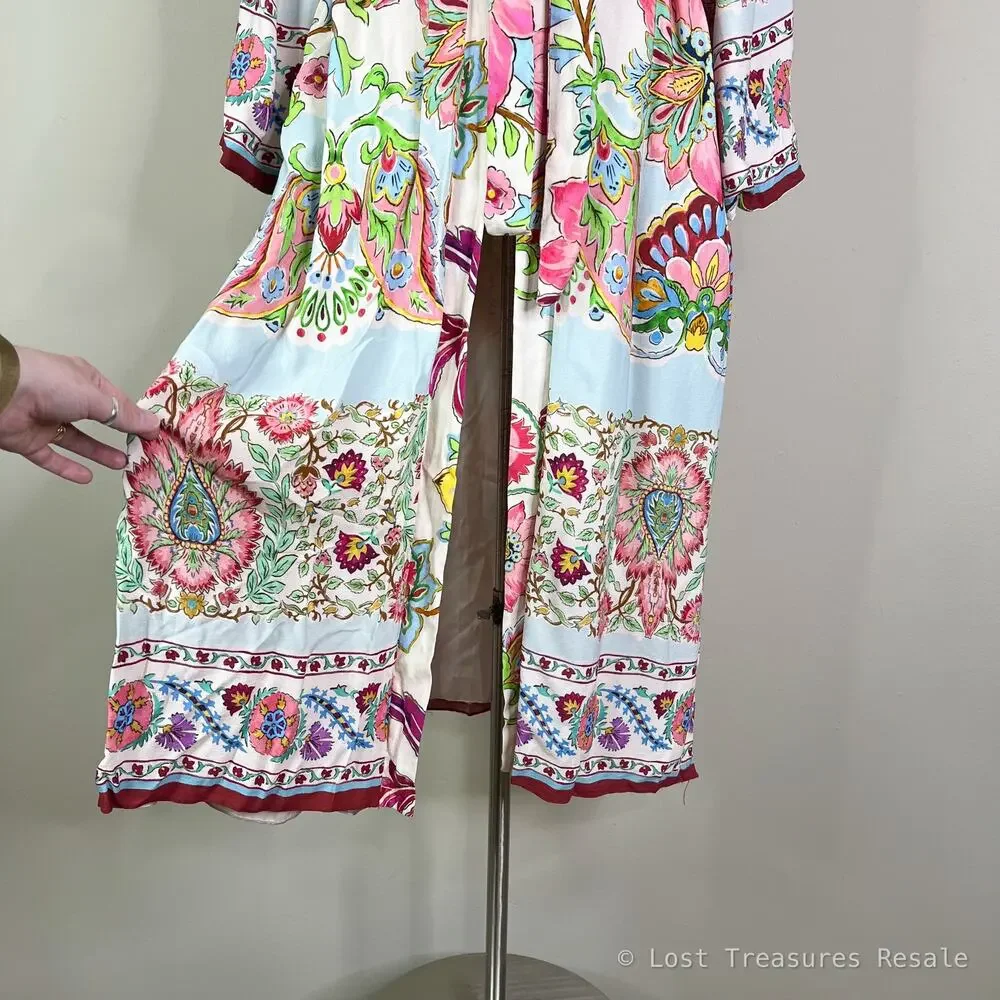 ZARA | Floral Print Belted Long Kimono Duster Cover Up White Pink Cardigan Large